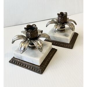Vintage Candlestick Holder Pair Regency Brass & Marble Ornate Floral Silverplate
